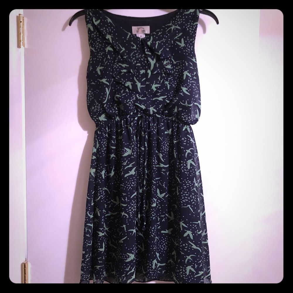 Sleeveless Navy blue dress with green birds.
